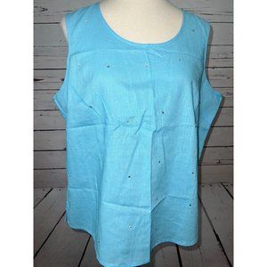 Quacker Factory Sleeveless Shirt Tank Top Cami Large Linen blend Rhinestone Blue